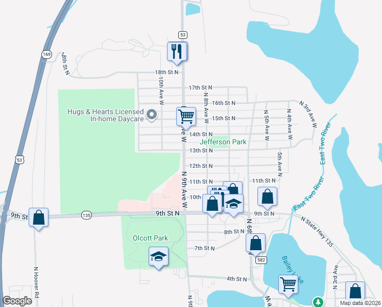 map of restaurants, bars, coffee shops, grocery stores, and more near 821 12th Street North in Virginia
