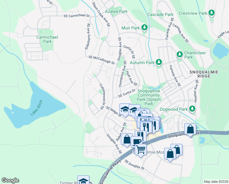 map of restaurants, bars, coffee shops, grocery stores, and more near 7414 Douglas Avenue Southeast in Snoqualmie