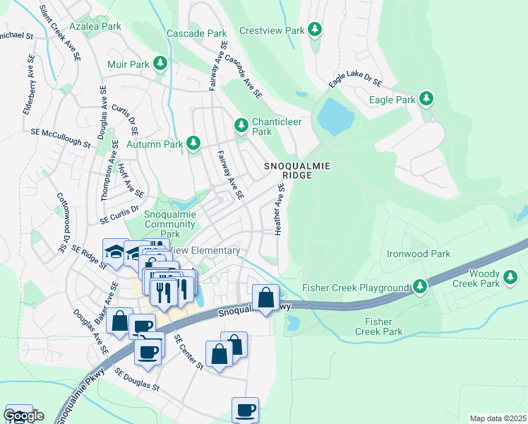 map of restaurants, bars, coffee shops, grocery stores, and more near 7441 Dogwood Lane Southeast in Snoqualmie