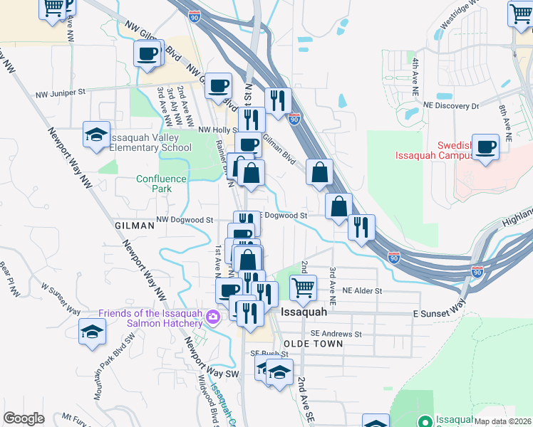 map of restaurants, bars, coffee shops, grocery stores, and more near 28 Northeast Dogwood Street in Issaquah