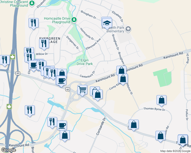 map of restaurants, bars, coffee shops, grocery stores, and more near 66 Canterbury Drive in Paradise
