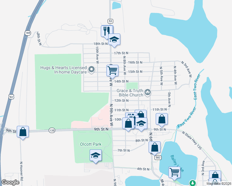 map of restaurants, bars, coffee shops, grocery stores, and more near 821 12th Street North in Virginia