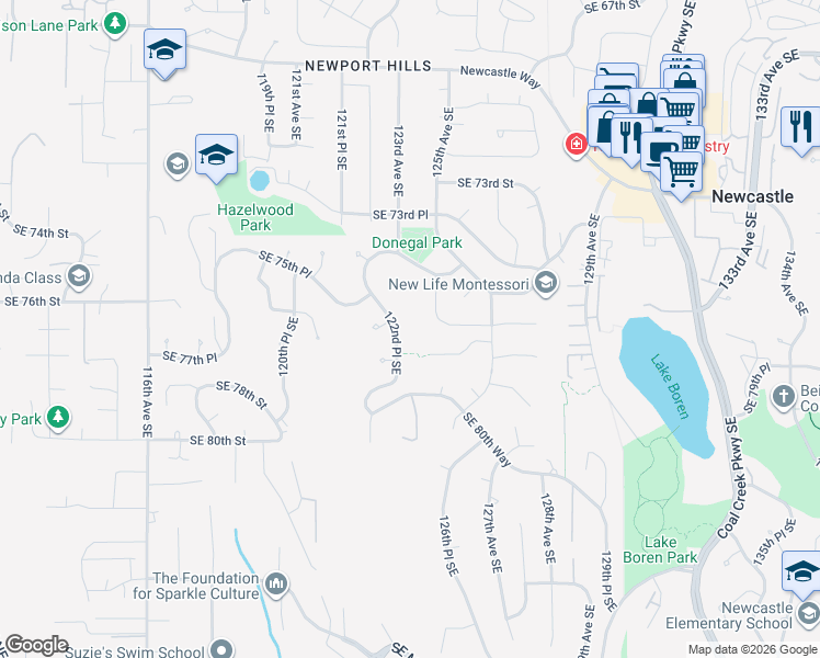 map of restaurants, bars, coffee shops, grocery stores, and more near 12532 Southeast 76th Court in Newcastle