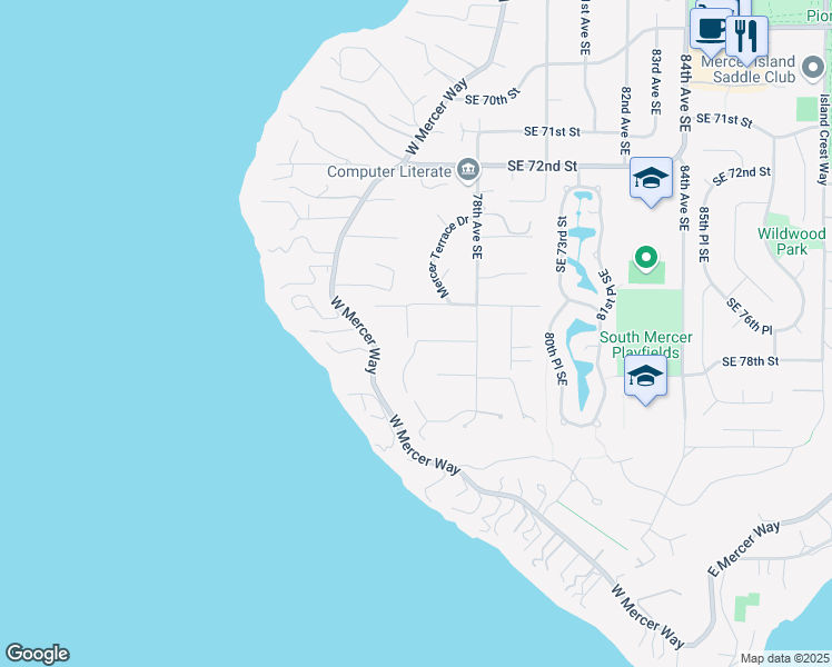 map of restaurants, bars, coffee shops, grocery stores, and more near 7711 Ridgecrest Lane in Mercer Island