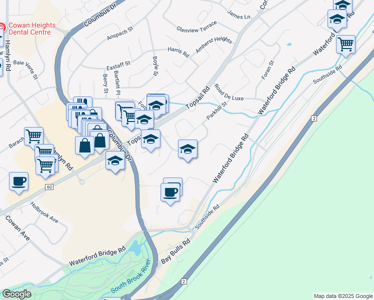 map of restaurants, bars, coffee shops, grocery stores, and more near Hazelwood Crescent in Saint John's