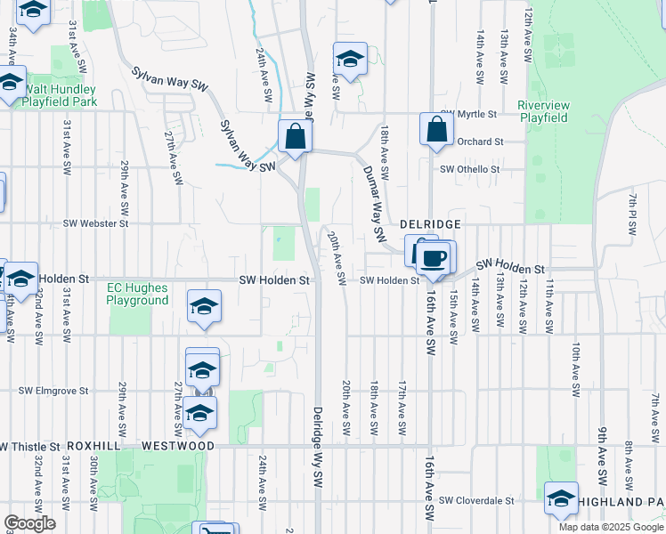 map of restaurants, bars, coffee shops, grocery stores, and more near 7551 20th Avenue Southwest in Seattle
