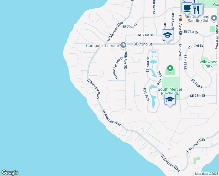 map of restaurants, bars, coffee shops, grocery stores, and more near 7711 Ridgecrest Lane in Mercer Island