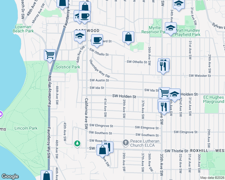 map of restaurants, bars, coffee shops, grocery stores, and more near 3937 Southwest Ida Street in Seattle