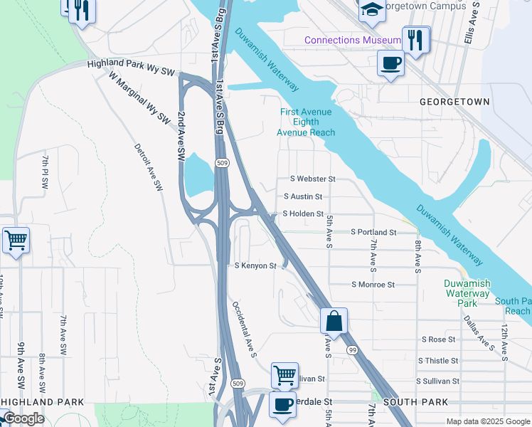 map of restaurants, bars, coffee shops, grocery stores, and more near Duwamish Bikeway in Seattle