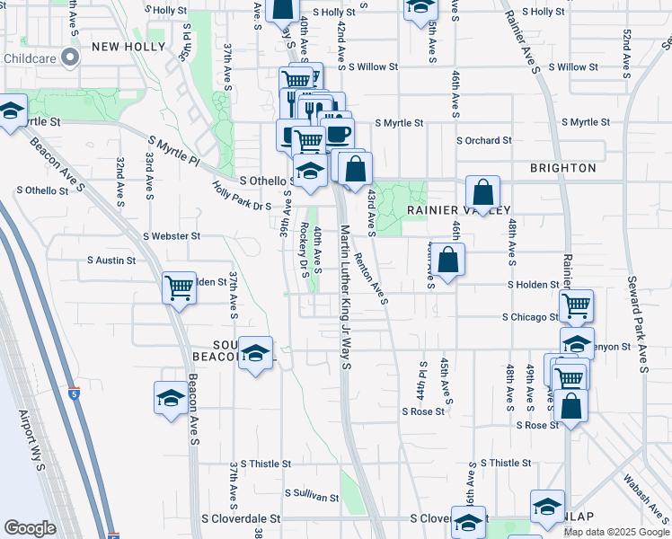 map of restaurants, bars, coffee shops, grocery stores, and more near 7567 Martin Luther King Junior Way South in Seattle