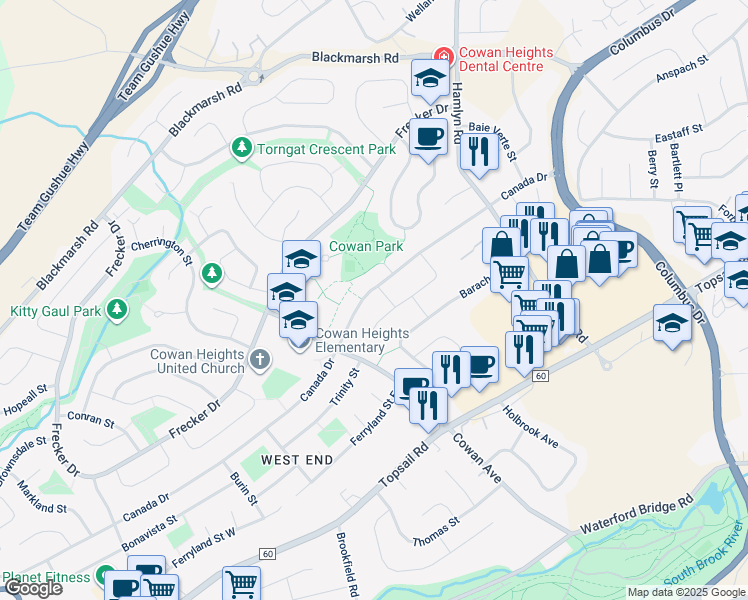 map of restaurants, bars, coffee shops, grocery stores, and more near 77 Canada Drive in St. John's