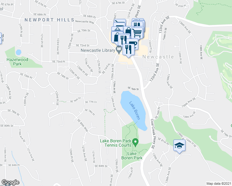 map of restaurants, bars, coffee shops, grocery stores, and more near 7638 129th Avenue Southeast in Newcastle