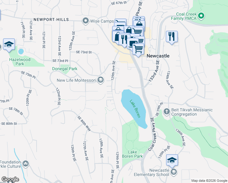 map of restaurants, bars, coffee shops, grocery stores, and more near 7638 129th Avenue Southeast in Newcastle