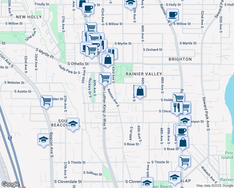 map of restaurants, bars, coffee shops, grocery stores, and more near 7558 43rd Avenue South in Seattle