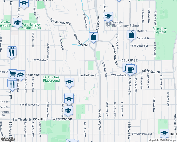 map of restaurants, bars, coffee shops, grocery stores, and more near 2140 Southwest Holden Street in Seattle