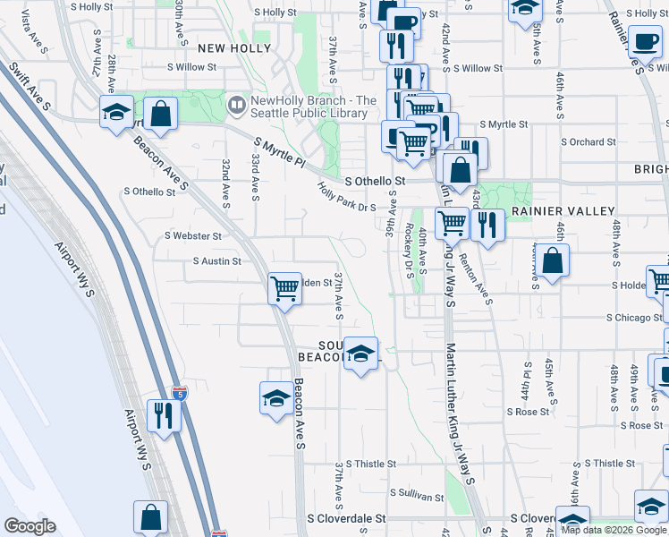 map of restaurants, bars, coffee shops, grocery stores, and more near 7703 37th Avenue South in Seattle
