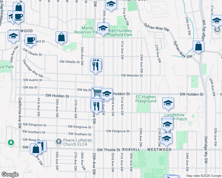 map of restaurants, bars, coffee shops, grocery stores, and more near 7700 34th Avenue Southwest in Seattle