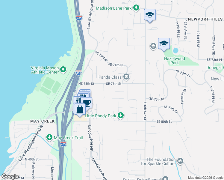 map of restaurants, bars, coffee shops, grocery stores, and more near 11230 Southeast 76th Place in Newcastle