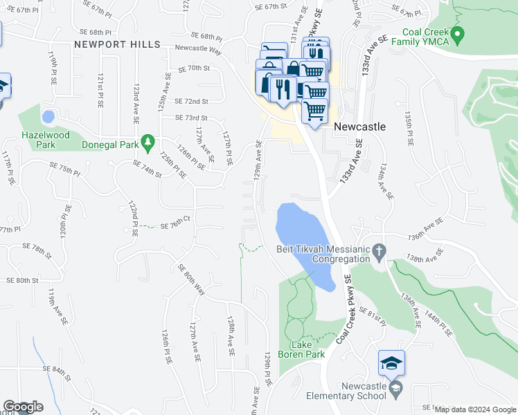 map of restaurants, bars, coffee shops, grocery stores, and more near 7630 129th Avenue Southeast in Newcastle