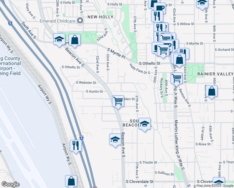 map of restaurants, bars, coffee shops, grocery stores, and more near 7702 Beacon Avenue South in Seattle