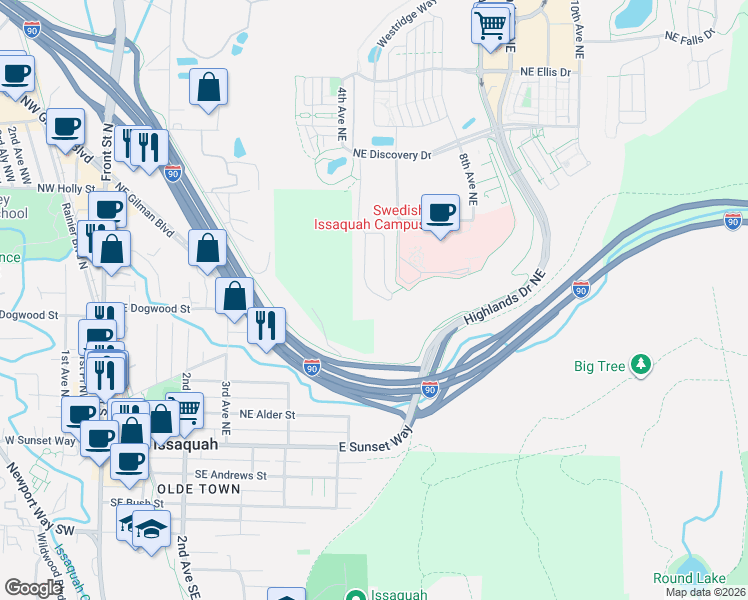 map of restaurants, bars, coffee shops, grocery stores, and more near 415 5th Avenue Northeast in Issaquah