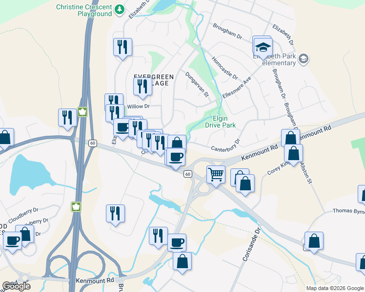 map of restaurants, bars, coffee shops, grocery stores, and more near 28 Canterbury Drive in Paradise