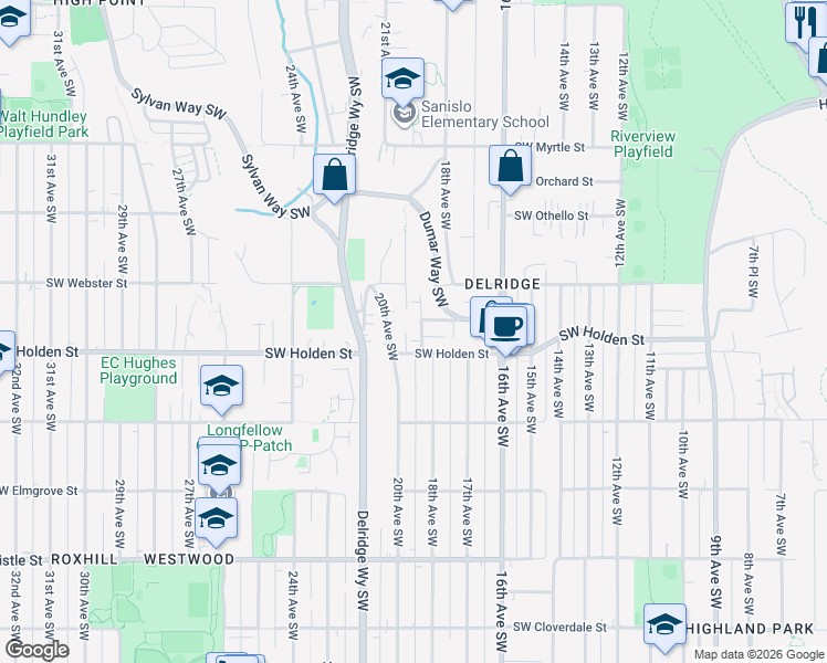 map of restaurants, bars, coffee shops, grocery stores, and more near 7559 19th Avenue Southwest in Seattle