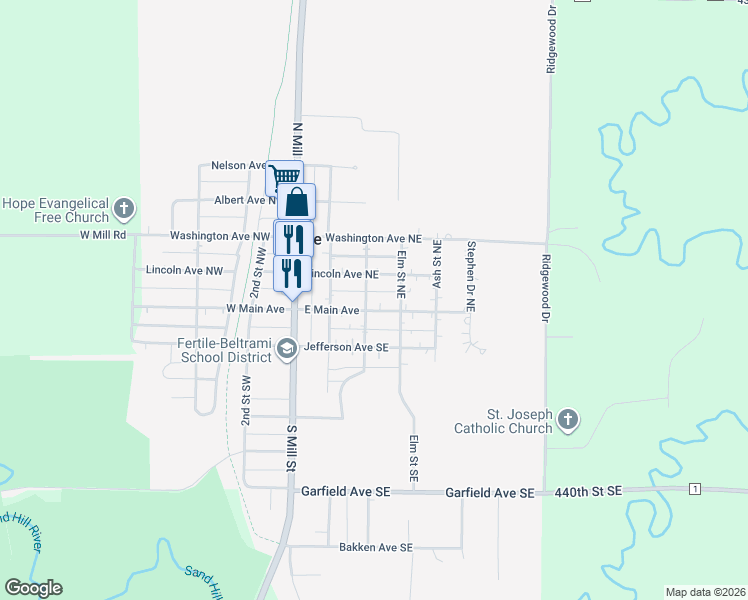 map of restaurants, bars, coffee shops, grocery stores, and more near 302 Lincoln Avenue Northwest in Fertile