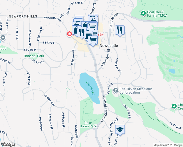 map of restaurants, bars, coffee shops, grocery stores, and more near 13059 Southeast 76th Street in Newcastle