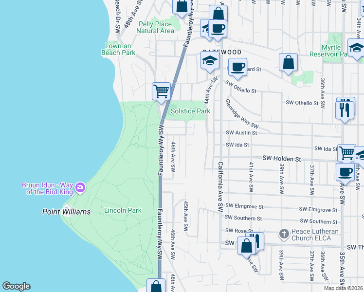 map of restaurants, bars, coffee shops, grocery stores, and more near 7571 45th Avenue Southwest in Seattle