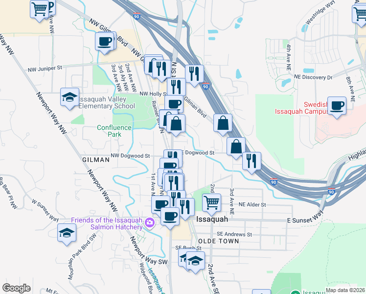 map of restaurants, bars, coffee shops, grocery stores, and more near 26 Northeast Dogwood Street in Issaquah