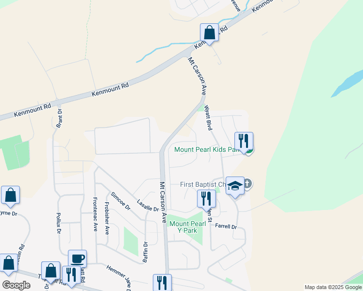 map of restaurants, bars, coffee shops, grocery stores, and more near 38 Finlaystone Drive in Mount Pearl