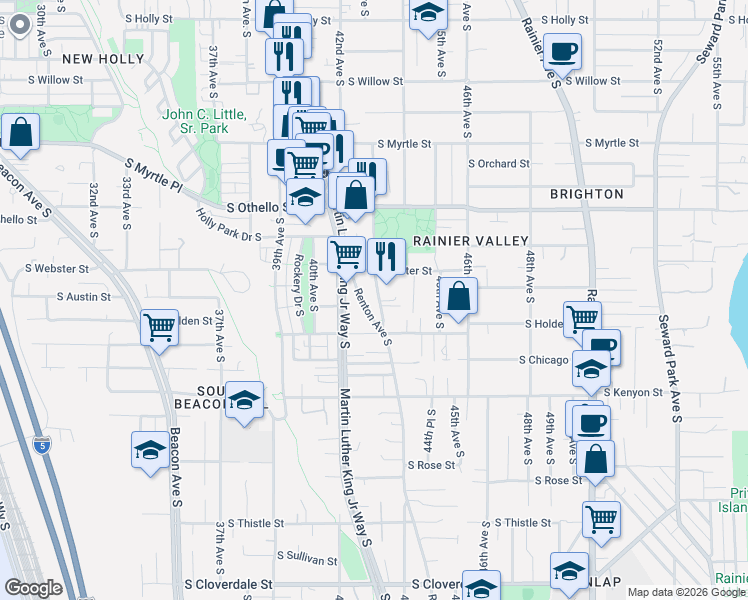 map of restaurants, bars, coffee shops, grocery stores, and more near 7500 Renton Avenue South in Seattle