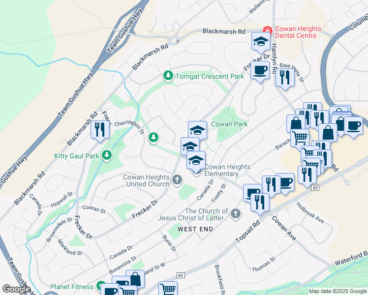 map of restaurants, bars, coffee shops, grocery stores, and more near Frecker Drive in St. John's