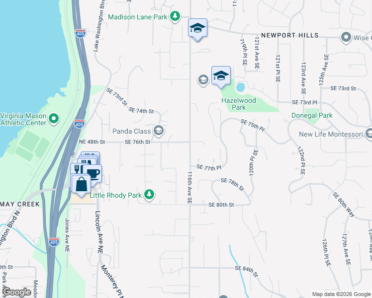 map of restaurants, bars, coffee shops, grocery stores, and more near 11610 Southeast 76th Court in Newcastle