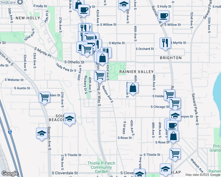 map of restaurants, bars, coffee shops, grocery stores, and more near 4317 South Webster Street in Seattle
