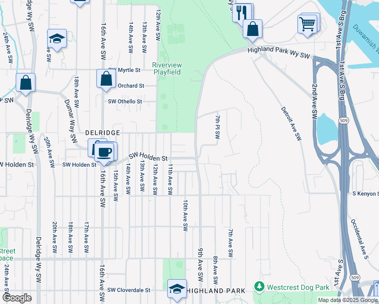 map of restaurants, bars, coffee shops, grocery stores, and more near 7517 Highland Park Way Southwest in Seattle