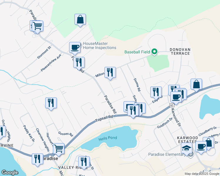 map of restaurants, bars, coffee shops, grocery stores, and more near 12 Gregg Avenue in Paradise