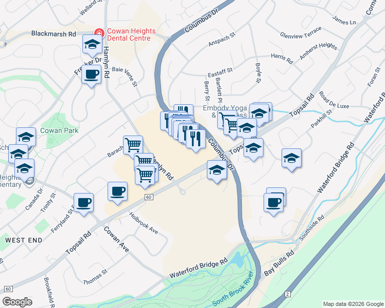 map of restaurants, bars, coffee shops, grocery stores, and more near 430 Topsail Road in Saint John's