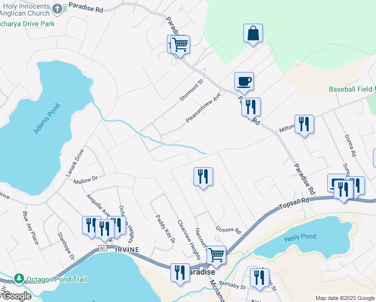 map of restaurants, bars, coffee shops, grocery stores, and more near 49 Fred W Brown Drive in Paradise