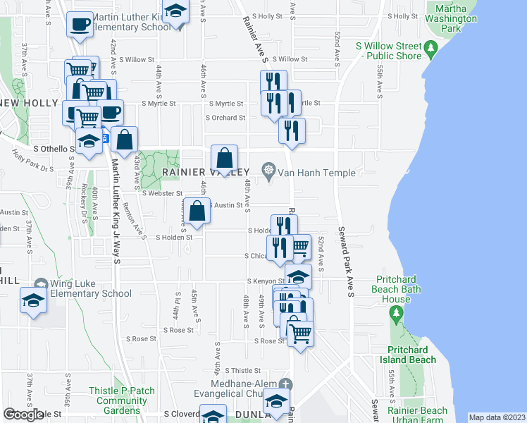 map of restaurants, bars, coffee shops, grocery stores, and more near 4821 South Austin Street in Seattle