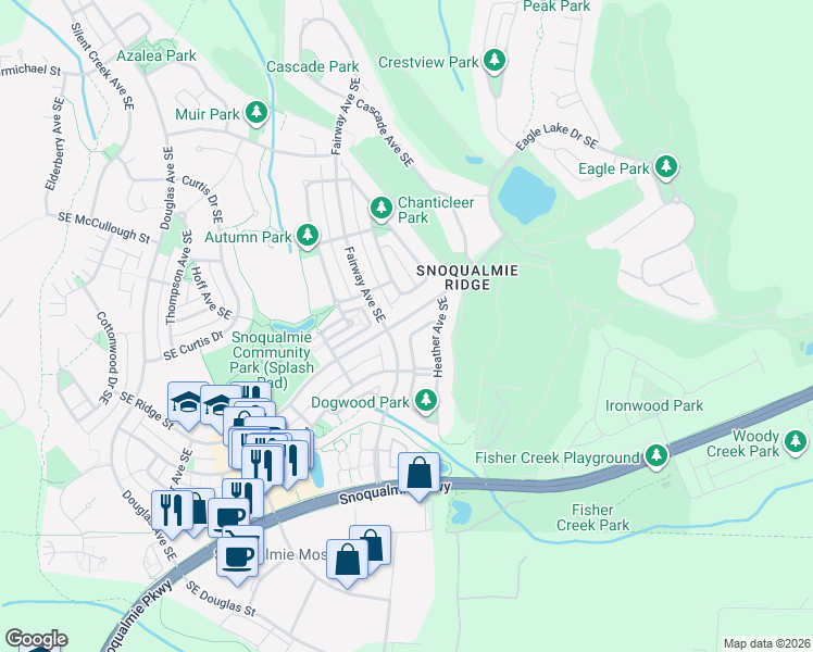 map of restaurants, bars, coffee shops, grocery stores, and more near 7410 Dogwood Lane Southeast in Snoqualmie