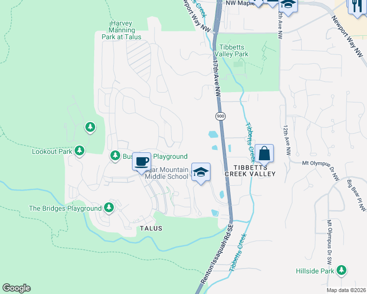 map of restaurants, bars, coffee shops, grocery stores, and more near 372 Wilderness Peak Drive Northwest in Issaquah