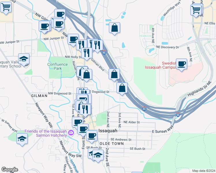 map of restaurants, bars, coffee shops, grocery stores, and more near 255 Northeast Gilman Boulevard in Issaquah