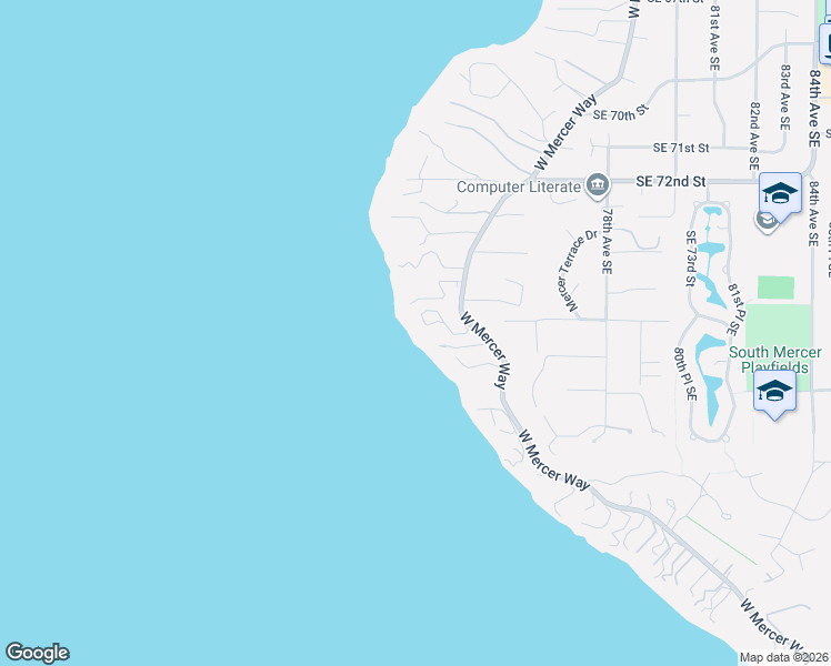 map of restaurants, bars, coffee shops, grocery stores, and more near 7453 West Mercer Way in Mercer Island