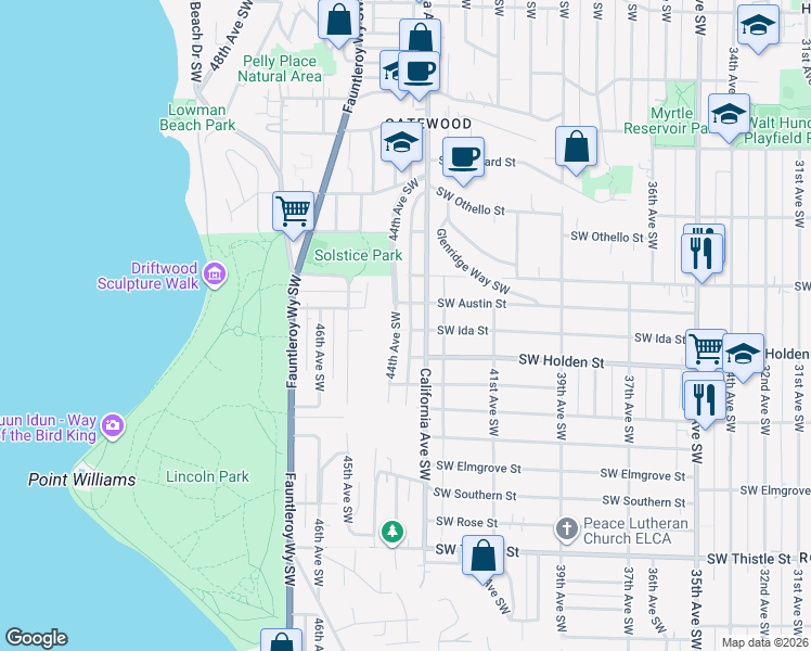 map of restaurants, bars, coffee shops, grocery stores, and more near 7550 44th Avenue Southwest in Seattle
