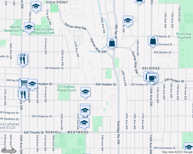 map of restaurants, bars, coffee shops, grocery stores, and more near 2416 Southwest Holden Street in Seattle