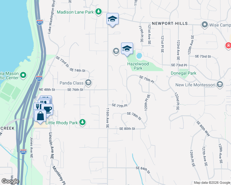 map of restaurants, bars, coffee shops, grocery stores, and more near 11630 Southeast 76th Court in Newcastle