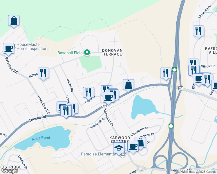 map of restaurants, bars, coffee shops, grocery stores, and more near 26 Trails End Drive in Paradise
