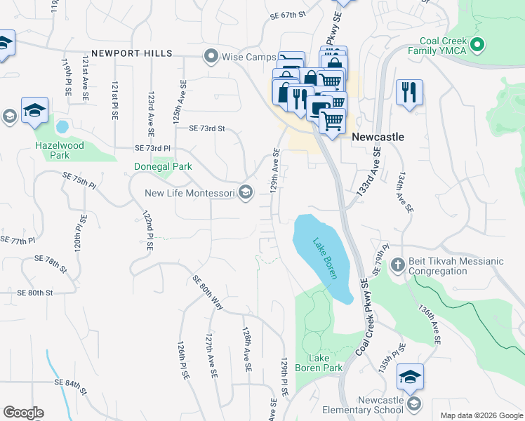 map of restaurants, bars, coffee shops, grocery stores, and more near 7501 129th Avenue Southeast in Newcastle